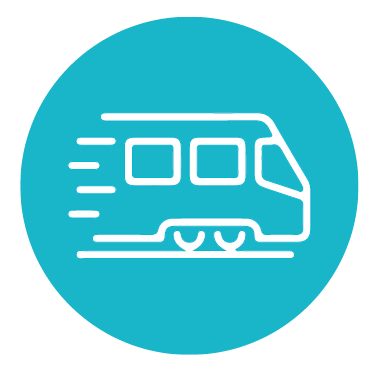 Icône de train blanc dans un cercle lumineux